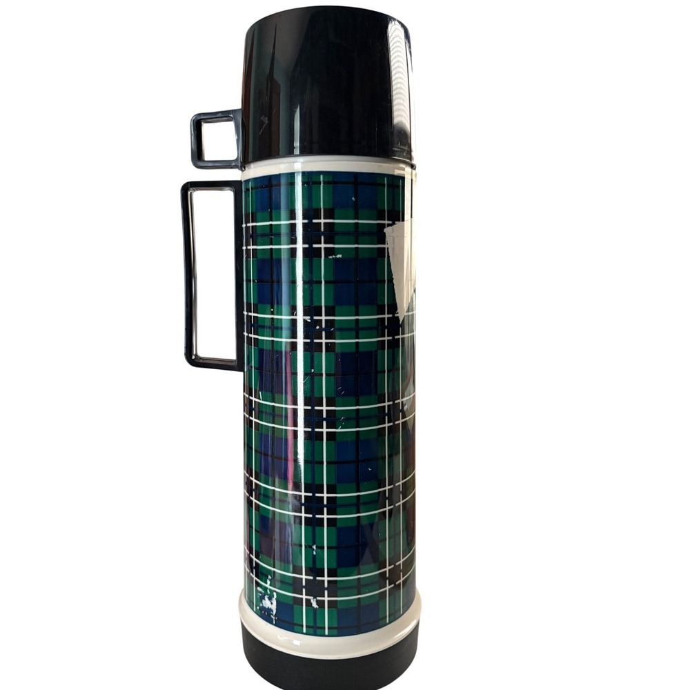 Vintage Thermos 1 Quart Vacuum Bottle Green Blue Plaid Tartan with Cup Lid
